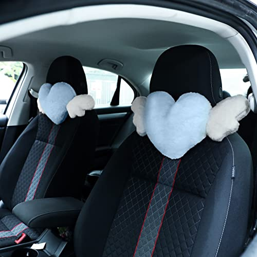 Macarrie 2 cuscini in peluche a forma di cuore con ali d'angelo per poggiatesta auto, morbido e confortevole, cuscino per auto, per guida, viaggi, ufficio, auto, 50 x 21 cm (azzurro)