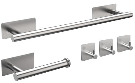 Ibergrif M34452A Set porta asciugamani da bagno, contiene porta asciugamani adesivo, porta rotolo di carta, 3 ganci per asciugamani, acciaio inossidabile, grigio