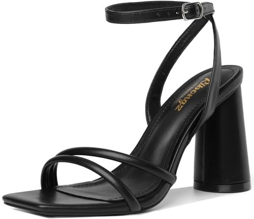 RIBONGZ Black Block Heeled Sandals for Women Chunky Prom Heels Square Open Toe Strappy High Heels Ankle Strap Wedding Bridal Shoes High Heel Sandals for Party Dress 7.5