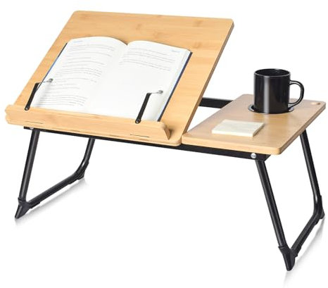 Wishacc Verstellbarer Bambus-Laptop- und Kochbuchständer für Lesen im Bett, Büroklammern, mehrere Winkel