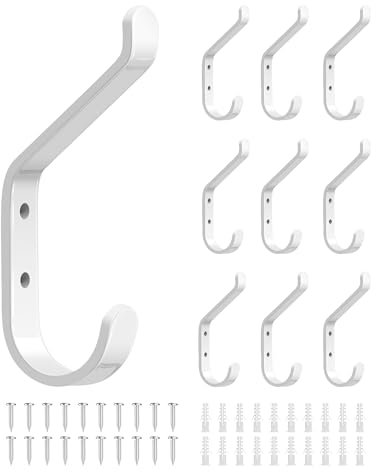 susswiff 10-Stück Garderobenhaken, Kleiderhaken zum Schrauben, Haken für Akustikpaneele, Schlafzimmer, Wohnzimmer, Badezimmer, Wandhaken für Garderobe, Jacken, Hut, Metall,Weiß, 10CM