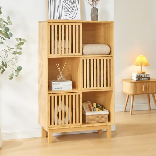 [en.casa] Scaffale in Bambù Libreria Bassa con 6 Scomparti e Sportelli a Griglia Scorrevoli Mobile Espositore 126 x 76 x 33 cm Naturale