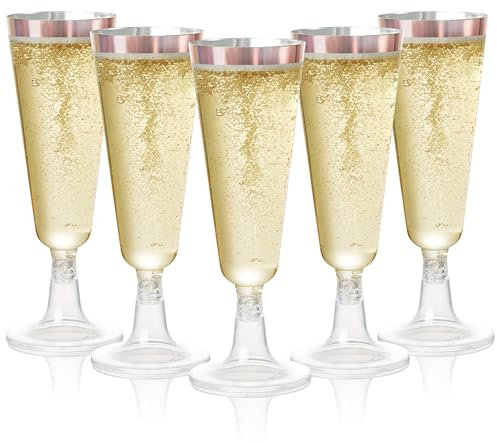 MATANA 24 Copas de Champán de Plástico con Borde de Oro Rosa, 150ml - Flautas de Champán - Vasos de Plástico Reutilizables y Resistentes para Cócteles, Postres - Bodas, Cumpleaños, Fiestas