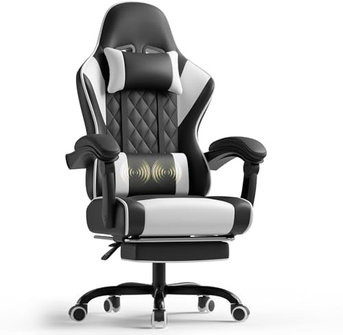 TRIUMPHKEY Gaming Stuhl mit Lendenwirbel massagekissen, Ergonomischer Bürostuhl mit ausziehbarer Fußstütze, Kopfstütze, GamingStuhl mit 90-135°Verstellbarer Rückenlehne, 150kg Tragkraft, Weiß