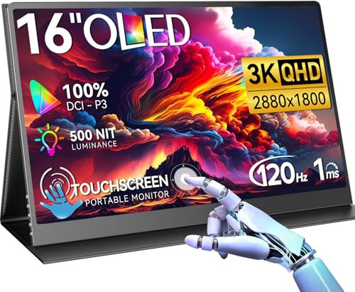 UPERFECT OLED Monitor Portátil 3K 120Hz 16 Pulgadas Portable Monitor con 100000:1 500 Nits DCI-P3 1ms Pantalla Mini HDMI para PC Laptop Smartphone Consolas de Juegos, Compatible con VESA