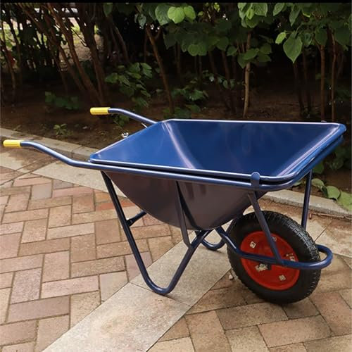 Carretilla de metal resistente para jardín con neumáticos ideal para césped, patio, granja y plantación, color azul