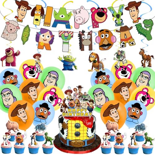 Story Decorazioni Compleanno，Feste di Toy per Feste a Tema Compleanno, Incluso striscione, spirali appese, coppa per torta, kit per feste con palloncini per bambini