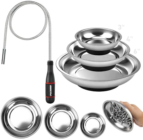 4 Pack Telescoping Magnetic Pickup Tool with 3in 4in 6in Magnetic Parts Trays, Magnet Flexible Spring Stick, Magnet Retrieving Sweeper for Nail, Screws & Metal Debris Workshop Garage