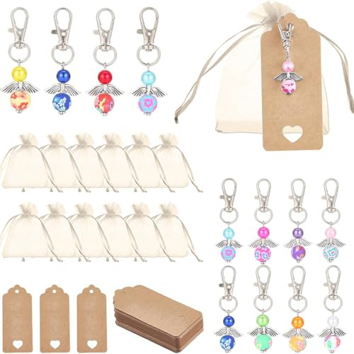 IBXWMNG 12 Stück Schutzengel Anhänger ,Schlüsselanhänger +Organza Beutel+Karte, Kleine Glücksbringer mitgebsel Gastgeschenke,Schlüsselanhänger Klein Abschiedsgeschenk Mini Schlüsselanhänger