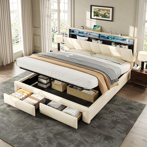 Laxnb King Bed 5ft Upholstered Bed Double Bed Frame 150x200cm with Storage and Drawers, LED Headboard with USB-Charging and Storage, HydraulicStorage Bed Frame with Slats, Linen, No Mattress (Beige)