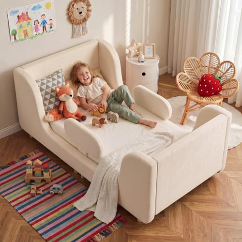 Meulbaty Cama para niños pequeños, Marco de cama de suelo totalmente acolchado para niños pequeños, Camas cuna con seguridad extra ancha, Camas para niñas y niños (colchón no incluido)