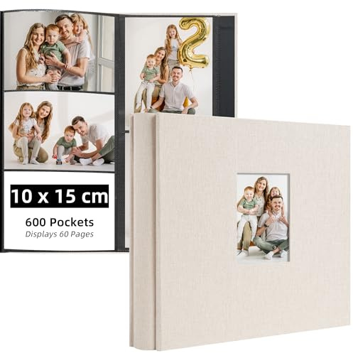 Remowith Album Fotos 10x15 cm, Álbum de Fotos de Gran Capacidad para 600 Bolsillos, Photo Album Horizontal y Vertical, con Funda de Tela, Ideal para Familia, Bodas, Viaje y Recuerdos de Bebé, Beige