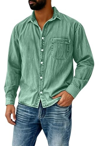 Dasongff Sudadera para Hombre Camisa de Vaqueros Botón de Presión Corte Normal Camisas Casuales Camisas de Cordura Camisas de Trabajo Shackets para Ciclismo Caza Senderismo, verde claro, XXXL