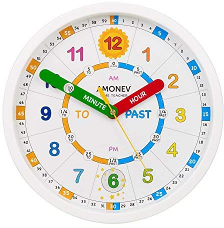 Amonev, Orologio da Parete per insegnare ai Bambini a Leggere e Dire l'ora, Orologio con Movimento Silenzioso (Versione Italiana Non Garantita), Bianco, 28cm Diameter