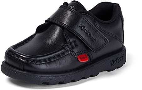Kickers Boy's Fragma Single Strap Moc Toe Comfortable Leather Shoes | Smart Everyday School Look | Hook & Loop Fastening, Cushioned for All-Day Wear, Black, 2.5 UK Child