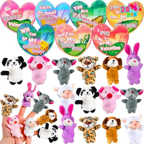 JOYIN 28 Packs Valentines Day Animal Finger puppet with Gift Cards Set for Kids, Party Favor, Classroom Exchange Prizes, Valentine’s Greeting Cards, Stressrelief Hand puppets, Holiday Reward Prizes