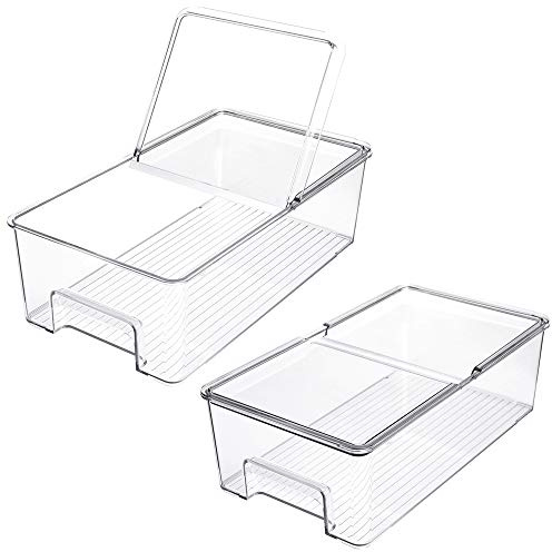SANNO Vegetable Refrigerator Organizer Food Bins with lids Large Stackable Fridge Clear Organizers Kitchen Cabinet Organizer for Freezer, Kitchen, Countertops, Cabinets Pantry Storage Bins,set of 2
