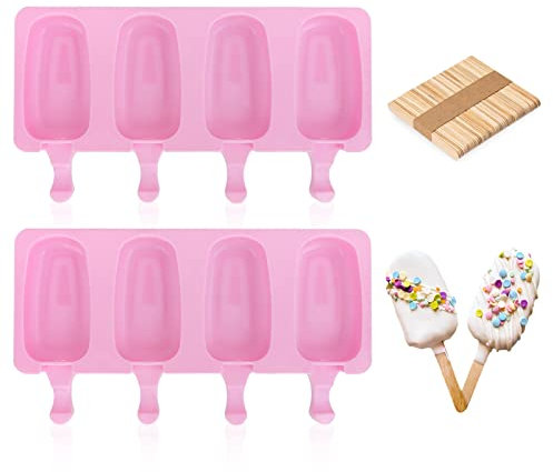 Stampi per ghiaccioli in Silicone, 2 Set stampi per ghiaccioli con 100 Bastoncini, gelatiere per Alimenti Senza BPA, stampi per Gelato al Cioccolato congelato Fai da Te per Bambini Adulti(Rosa)
