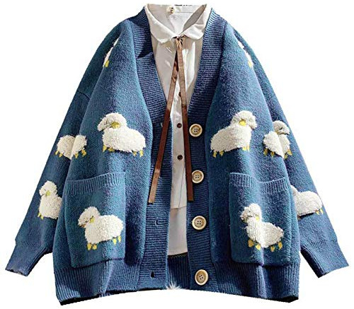 Oilmal Cardigan Invernale, Donne a Manica Lunga Cardigan Cartone Animato Stampa di Pecora a Pecora Singolo Magione per Maglione a v-Scollo a v-Scollo con Tasca Blu Blu