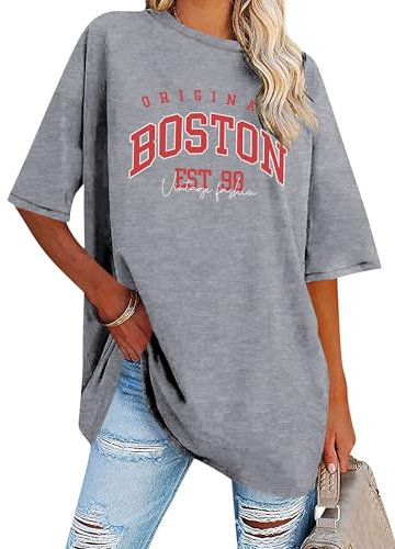 Dresswel Oversized T Shirt Damen Boston Brief drucken Vintage T-Shirt Kurzarm Rundhals Retro Tee Shirts Sommer Oberteile Lose Bluse Lang Tops für Teenager Mädchen