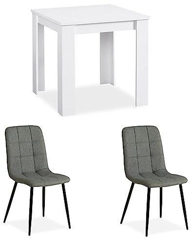 Homestyle4u 2371, Essgruppe mit 2 Stühlen Weiß Grau, Küchentisch Esstisch 80x80 cm Holz Massiv