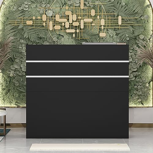 PREMTURE Mueble recepción, mostrador de recepción, mostrador de Tienda mostrador de Venta Mesa de Venta, Muebles de Oficina Muebles de recepción con 3 cajones y 1 Armario, 110 X 120 X 48 cm, Negro