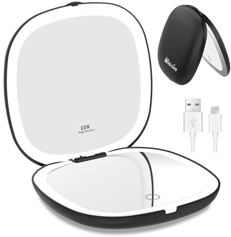 WOBSION LED Taschenspiegel mit 1X/10×Vergrößerung und Beleuchtung,USB Wiederaufladbarer Tragbarer Kleiner Reisespiegel mit Licht,750mAh Dimmbarer Zweiseitiger Handspiegel für Makeup,Schwarz