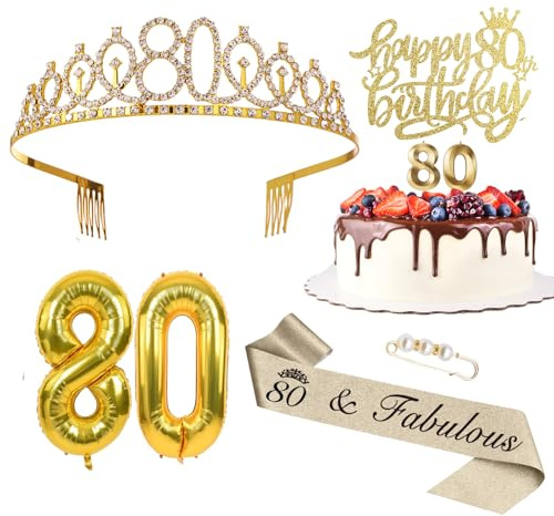 MURISE Decorazione per 80° compleanno donna, corona e fascia glitterata, decorazione per torta e candele, palloncino 80, oro