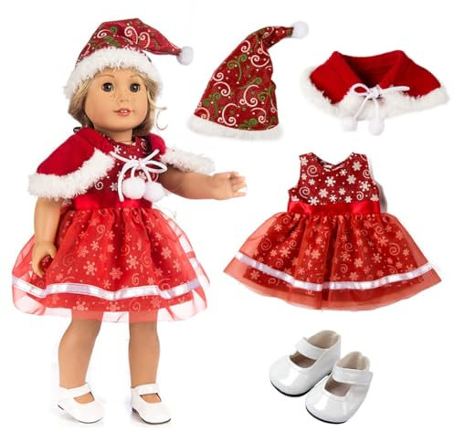 ZOOMPIL Weihnachts Kleidung für Mini Puppen, 4pcs Weihnachten Puppenbekleidung, Kleidung Accessoires für Puppen, Rock, Schal, Weihnachtsmütze, Schuhe, für 18 Zoll American Doll
