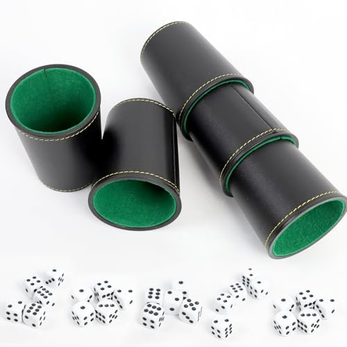 PRZRAO Schocken Set, 5 Würfelbecher Leder mit 25 Würfeln, Schockbesteck, Schockbesteck Set, Knobelbecher Leder, Kniffelbecher, Leder Würfelbecher, PU Leder Würfelbecher Set, 5 Würfel mit Becher
