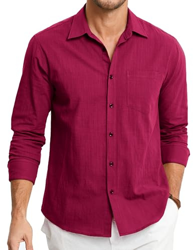 HISDERN Camisas de Lino para Hombre Manga Larga Ligeras Verano Lino Camisa de Ajuste Regular Abotonadas Casual Shirt Rojo L