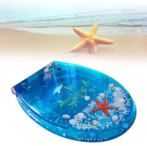 WAMVZYX Toilettensitz, transparent, 3D-Effekt, dekorativer Familien-Toilettendeckel mit Absenkautomatik und rutschfesten Sitzpuffern, Toilettensitzdeckel aus Kunstharz mit blau-ozeangelbem Seestern-