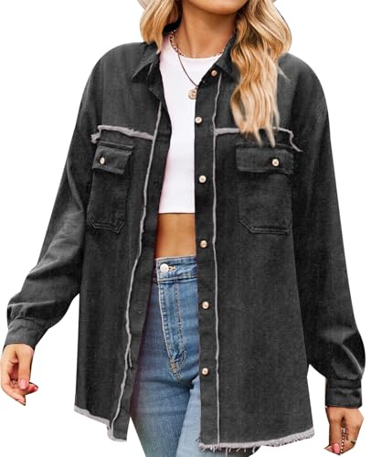 MINTLIMIT Womens Denim Shirt Long Sleeve Button Down Shirt Casual Jean Shirt Jacket Vintage Denim Blouses Tops with Pockets, Black