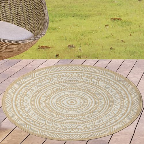 CARPETIA Terrassmatta, utomhusmatta, vardagsrumsmatta, trädgårdsmatta, tidlöst mandala-mönster i naturligt beige och vitt, 120 cm rund