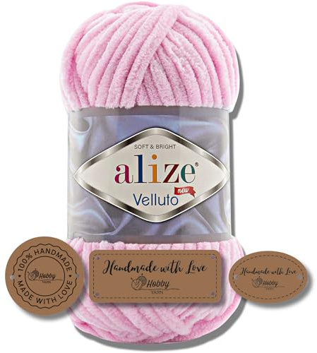 Hobby YARN 3x Etikettenlabel mit Alize Velluto Wolle Premium 1x100g als Set, Dicke Wolle zum Häkeln (Baby Pink - 31)