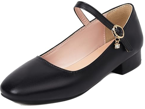 XIEPP MARY JANE - Chaussures Femme Talon Bloc Bas Bout Rond avec Boucle, Noir , 34 EU