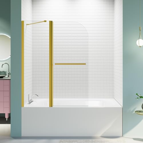 Squid Shower Screen Tub Door 43 W x 58 H Fix+Pivot,Premium 1/4 Tempered Glass,Fixed Frameless Shower Glass Door/RV Retractable Shower Door-Gold
