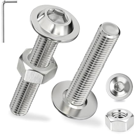 Ezitruz Tornillos Cabeza Alomada con Brida M8x50 mm, 12 Piezas Tornillería Inoxidable A2 V2A Tornillos de Cabeza Redonda Plana Hexágono Interior ISO 7380-2 con Tuercas y Brida para Madera Montaje