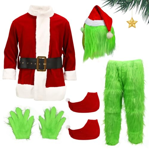 shyhand 7PCS Adult Santa Furry Monster Costume, Deluxe Christmas Green Elf Outfit Gloves Hat Mask, Xmas Fancy Dress Party Cosplay Suit