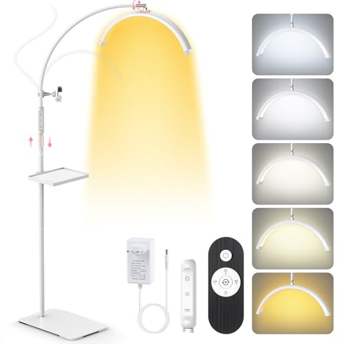 Adonafy Lampara Extensiones de Pestañas: 18 Plegable Lampara LED de Pie Para Pestañas con 5 Colores Regulables & Rotación de 360° para Salón, Hogar, Blanco