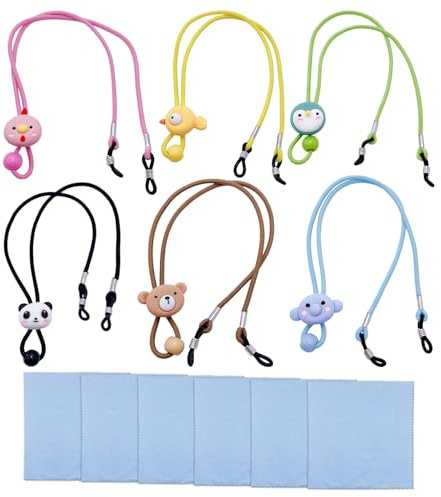 TIMJJG 6 Cadenas Coles para Gafas para Niños Y 6 Piezas De Tela para Gafas, Forma De Animal De Dibujos Animados, Accesorios De Protección De Lentes, Adecuados para La Protección Diaria De Objetos.