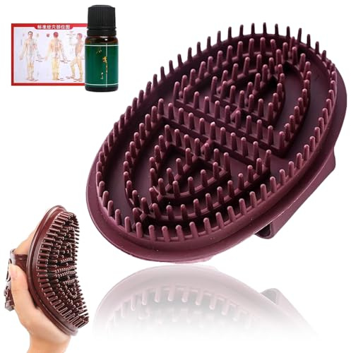 Silicone Body Massage Brush, Burgundy, Raised Nodes, Hand Strap, 1-Pack | Washable, Reusable, Flexible Raised Nodes, Non-Slip Strap, Capped Bottle And Reference Card, Bath, Shower Or Dry Oil Use