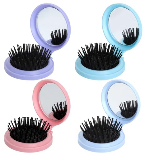 XRVRILE 4 Mini Brosse Cheveux avec Miroir, Brosse Cheveux de Voyage Pliable et Compacte pour Sac à Main, Femme et Fille (Rose Bleu Vert Violet)