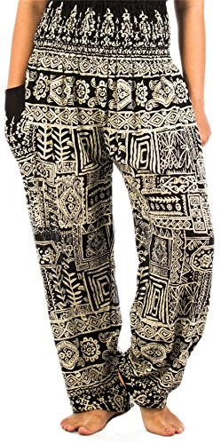 Lofbaz Harem Pants for Women Hippie Boho Festival Clothing - Bohemian Trousers for Yoga Beach Summer - Smocked Waist with Pockets - Funky Black L