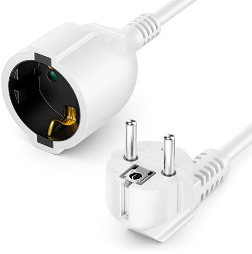deleyCON 5m Förlängningskabel Strömkabel Nätkabel Förlängning, Skyddskontakt Stickpropp Typ F (CEE 7/7) 90° Vinklad till Uttag (CEE 7/3), Beröringsskydd, TV PC Dator Projektor - Vit