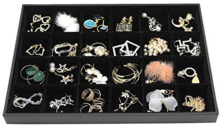 Black Velvet Stackable 24 Grid Jewelry Tray Showcase Display Organizer Holder Dividers for Teen Stud Drop Earring, Watch, Bead, Trinket Storage Adjustable Box Case Dish for College Dorm Woman Drawer