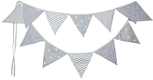 PREMYO Wimpelkette Kinderzimmer Unisex Stoff - 12 Wimpel Girlande Beidseitig - Babyzimmer Deko Grau
