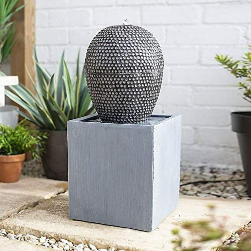 Dapple Cascade Water Feature, LED Light - Grey Concrete, Garden Fountain Indoor Outdoor Tall Large Ball