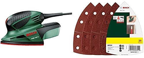 Bosch Multi Sander PSM 100 A (100W, in case) + Bosch 25 pcs. Sanding Sheet Set (for Wood, Body Fillers, Paint, Varnish, Grit 40/80/120/180, 11 Holes, 102 x 62.93 mm, Accessories)