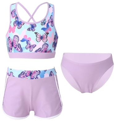 Freebily Flicka Baddräkt 3 Delar Strandtankini Crop Top Shorts Badbyxor + Trosor Strandbikini Trikini Baddräkt, Lila, 11-12 år